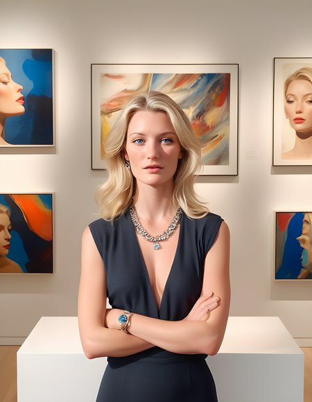 In a spacious, sun-drenched modern art gallery, the subject A5HL3YH, a striking blonde woman, is captured from an elevated angle. She's posed confidently with her arms folded across her chest, drawing attention to her stunning jewelry collection. Her lips are closed in a thoughtful expression as she meets the viewer's gaze, her piercing blue eyes reflecting the light from the large, colorful abstract painting behind her. The warm ambient lighting of the gallery subtly illuminates her flawless complexion and adds depth to the surrounding contemporary sculptures and art installations.
