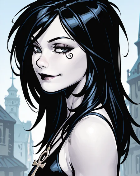 masterpiece, best quality, absurdres, perfect quality, absolutely eye-catching,   <lora:ChrisBachaloIllus:1> bachalo,  <lora:Death of the EndlessilluLoRA:0.8> dethofend, pale skin, colored skin, long hair, ankh necklace, tank top, 1girl, solo, smile, looking at viewer, tattoo under eye, portrait, black hair,  from side,