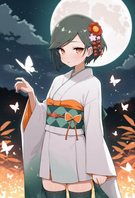 masterpiece,best quality,amazing quality,
1girl, solo, red eyes, dark green hair, moon, sash, orange eyes, obi, japanese clothes, kimono, furisode, green hair, full moon, short hair, thighhighs, bangs, butterfly, hair ornament, flower, bug, hair flower, night, swept bangs, wide sleeves, white kimono, dress,
 <lora:Yaruki:1>