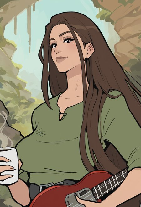 score_9, score_8_up, score_7_up, 1girl, mature_female, large_breasts, portrait, solo, looking_at_viewer, open_eyes, Pretending to play a guitar solo, perspective, (Coffee mino boushi), absurdly long hair, French pleat, Brown hair, canyon, upper_body, rating_safe, <lora:pony\artist_styles\hornyx_pony:1.0>
