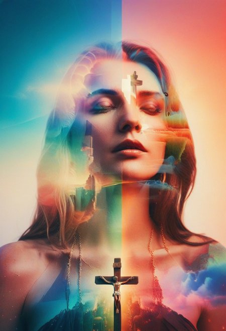 highly detailed, ultra realistic, double exposure woman, crucifix, psych3delic