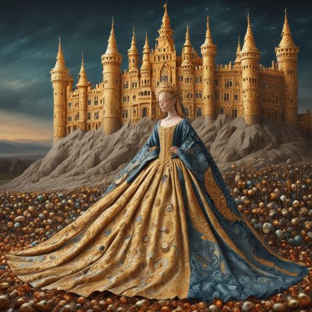 score_9, score_8_up, score_7_up, perfecteyes, grey-blue eyes,pillow   night, woman,full body ,gold jewellery, castle,dress  fluff, A shawl around my shoulders,  baroque