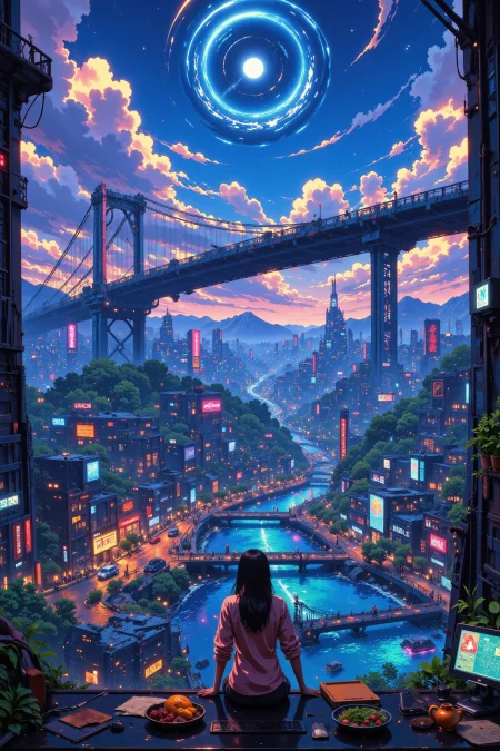 alien city beautiful cyberpunk landscape, cloudy sky, woman, very intricate, very detailed, sharp, bright, colorful, <lora:Hand v2:0.5> <lora:Anti-Blur:1><lora:Insane Detail Slider:0.25>  <lora:flux.1_lora_flyway_Epic-detail_v2:0.3> <lora:fluxenhancer:0.25> <lora:ROWER:0.6> <lora:flux-charmer-v1-1:0.4><lora:Vibrantly_Sharp_style_v.5:0.4> <lora:bv-cybstyenh-v1_rank16_bf16:0.6>  <lora:Anime_style:0.8> anime style