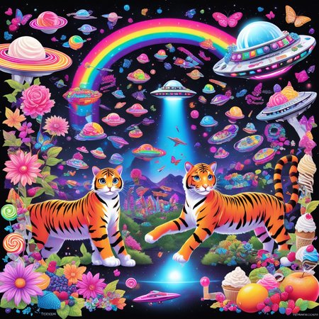 ice cream, spacecraft, scales, watermark, tiger, vibrant rainbow, flower, english text, hair bow, scenery, butterfly, light sparkles, fantasy landscape, door, cute creatures, cat, glowing, colorful, outdoors, unicorn, fruit, black background, eighth note, ufo, candy, jewelry, science fiction, multicolored hair, pop art, smile, anthropomorphic animals, rainbow hair