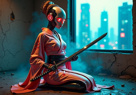 in the style of ck-ncr,, A humanoid female robot styled as a futuristic geisha, with a porcelain-like face featuring glowing red pupils and exposed circuitry subtly integrated into the design. Her metallic "hair" is styled into an elaborate geisha bun, adorned with glowing kanzashi hairpins emitting soft neon red and gold light. She wears a cyberpunk-inspired kimono with illuminated cherry blossom patterns and a sleek, glowing obi belt. Kneeling in a dimly lit, rundown apartment in a dystopian city, she holds a traditional katana with a polished steel blade. The room is gritty, with cracked walls, scattered debris, and a faint blue glow filtering through a broken window overlooking neon-lit skyscrapers. Smoke lingers in the air, blending her poised elegance with the decay of her surroundings. The scene contrasts her serene, geisha-like demeanor with the raw, futuristic cyberpunk world.<lora:ck-Neurocore-Realistic-Cyborgs000013.safetensors:1.0:1.0>