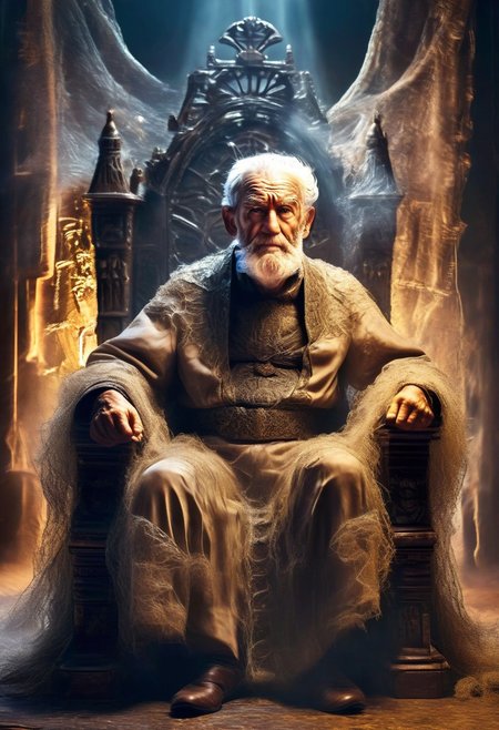 product shot of ultra realistic old man sitting in a throne, covered in cobwebs, against a dark background, two tone lighting, advertisement, octane, unreal  <lora:epiNoiseoffset_v2:1>