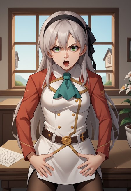 score_9, score_8_up, score_7_up, source_anime, 1girl, solo, JustDoItMeme, open mouth, looking at viewer, parody, <lora:JustDoIt_XLPD:1.25>, <lora:elie-pdxl-nvwls-v1:0.9> zeroElie, black hairband, hair ribbon, long hair, ascot, uniform, long red sleeves, white dress, pencil skirt, belt, black pantyhose, green eyes, indoors, house, table, window, flower,