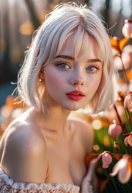 Mushroom village, autumn, detailed, warm's eyes shot, Cinematic Hollywood Film style, female supermodel, white silver short hairstyle, perfect teeth, white tigh high stockings, soft freckles, day sunlight, cute sensually dynamic pose, perfect eyes, detailed irises and pupils, light blue eyes, shot on Hasselblad X2D 100C,ISO 50, natural light form early spring, sharp focus, realistic, high definition, Beautiful sun light filtering through the ends of the hair, cute face, gorgeous, pretty face, pale skin, light freckles, shiny eyes, full shiny lips, cute lips, parted lips, lip gloss, mascara, thighs, young looking, large breasts, skinny, petite body(body heigth:160cm), big head, innocent look, young face, pink eye shadow, blushing, maching pupils, dwarfs in the backgraounds, 18 years old girl, ashamed, naturaly pink lips color, extra shiny lips, long eyelashes, smile, textured pale skin, masterpiece, macro photography, tilt shifted, best quality, upper body, 
 <lora:add_detail:1>