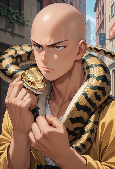 score_9,score_8_up,score_7_up,score_6_up,score_5_up,source_anime,1man, saitama, bald, brown eyes 30yo, standing, one hand ready to strike , clenched fist, bored, snake, snake on shoulders,