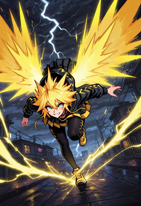 masterpiece, best quality, 1girl, solo,     zzZapdos, (detailed face, dynamic pose, foreshortening, face focus),  lightning-pattern hoodie, layered pleated skirt, black leggings, yellow sneakers, spiked choker, rainy street, neon signs, leaping motion, glowing wings, rebellious grin â In the heart of the cityâs stormy night, she leaps from one rooftop to the next, her lightning-pattern hoodie flaring behind her like a streak of fire. A layered pleated skirt flutters beneath it, the black leggings beneath etched with faint circuit designs. Her yellow sneakers flash in sync with the strobes of neon signs below, and a spiked choker clinks with each motion. Her electric wings flicker to life mid-jump, casting an otherworldly glow behind her, as a wild, rebellious grin spreads across her rain-speckled face.  ,,<lora:ZapdosPokedex_IXL_v1:0.8>,