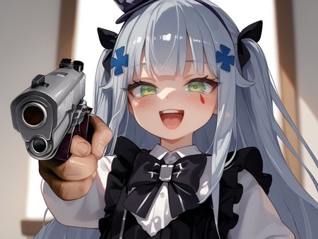 score_9, score_8_up, score_7_up,source_anime, BREAK, Expressiveh, <lora:Expressive_H:1> <lora:add-detail-xl:1>  shiny skin, skindentation,
hk416, kid, 
excited, laughing, squinting, blushing, opening mouth
holding weapon, handgun, holding gun, aiming at viewer, revolver, finger on trigger
<lora:enhancerV4-pony:1> <lora:Pony_DetailV2.0:1>   <lora:hk416.pony:1>  <lora:HandPointingAGunMeme_XLPD:1>