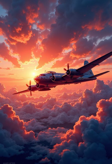 Boeing B-29 Superfortress, ww2, vibrant, dynamic, sunset, clouds, masterpiece