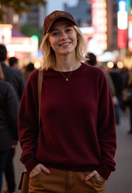 realistic, photorealistic, realistic skin,  raw photo,(a photograph of a young woman. she is standing,hands in pockets, carrying a brown single-shoulder bag,  crowded illuminated street,detailed background,  cityscape,),  In autumn, wearing brown loose pants, dark red long-sleeved sweaters, fashionable ,baseball cap with the words "love yourself" written on it,blonde hair, short hair, blue eyes,  detailed face,beautiful face, smile,  necklace, red_nails,