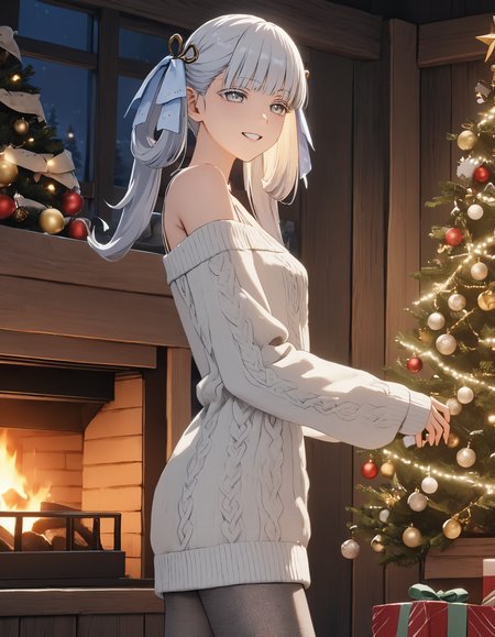 masterpiece, best quality, 8K, very aesthetic, UHD, volumetric lighting, natural lighting, highly detailed, intricate details, 1girl, home clothes, white oversized wool sweater, tights, wool socks, bare shoulders, twintails, white eyelashes, white hair, white eyes, happy, smiling, lifelike female body, perfect female body shape, narrow waist, side view, standing, dim light, christmas decorations, fireplace, night, cozy wooden house, <lora:Jinhsi_V1.11:0.7>