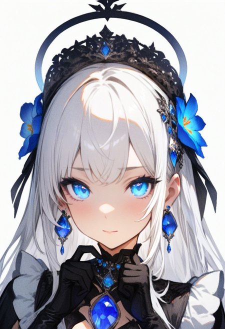 masterpiece, best quality, <lora:RECXL_ANI31_lokr_V43P1NF:0.95>  1girl, solo, blue eyes, jewelry, earrings, gloves, looking at viewer, white background, black gloves, white hair, hair ornament, simple background, closed mouth, long hair, flower, halo, blue flower, hair flower, portrait, heart hands, gem, heart, blue gemstone