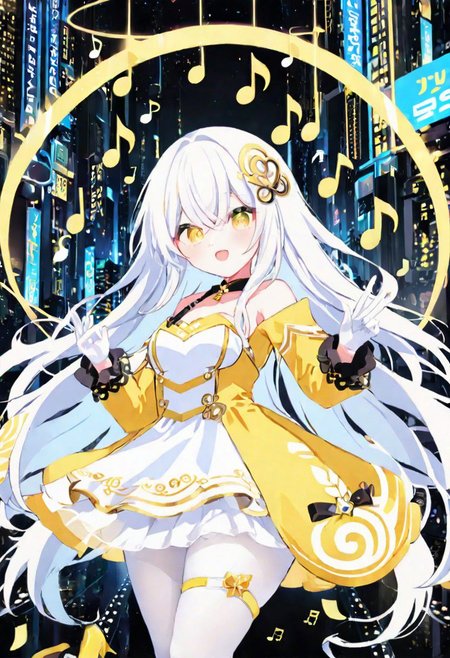 Best quality, masterpiece, sci-fi extremely dark abyss city, music notes, one singer girl with round pert breasts, majestic walk, hands gesturing, adorable pure white long loose hair, simple hairpin, adorable smooth happy face, singing, open mouth, bright yellow eyes, detailed kawaii makeup, beautiful white dress with long sleeves and gloves, slim waist, very short miniskirt, white tights, thick clavicle, thick pelvis, thick hips, thick thighs, heels