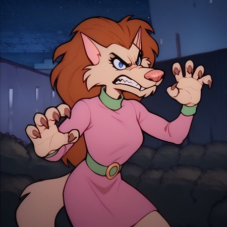 score_9, score_8_up, score_7_up, BREAK  <lora:FluffyWerewolf:1.1> fluffywerewolf, furry female, long hair, brown hair, blue eyes, angry, night, claws, claw pose, pink dress,