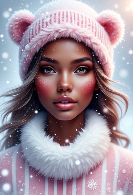 Contrail, mosaic, Fantasy realism, Storybook Illustration, double exposure, delicate detailed inspired by [Artgerm, Brian M  Viveros, Esao Andrews], light pink | white stripes, sharp focus, triadic colors, gorgeous african american girl, peachy lips, snow suit, light pink teddybear santa hat, small snowflakes , dynamic pose, luminism, magic light rings, bioluminescence, 32k