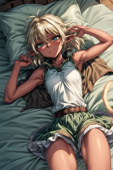 best quality, ultra-detailed, (1girl, solo,fam, unkempt hair, blonde hair, (green eyes:1.5), Seductive Eyes, pointy ears, Small breasts, dark skin, dark-skinned female, elf, long pointy ears, tail, smile, tutu skirt, Cape, Shy, Lying, Lying Back, Lying down, sweat, solo focus, lying, armpits, on back pillow, bed, sleeveless,