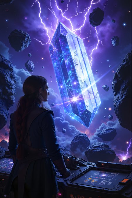 In the middle of a swirling cosmic storm, a lone starship captain stands on the deck of her battered vessel, gazing out into the chaos as streaks of violet lightning crackle across the void. Her gloved hand grips the shipâs railing as the surrounding asteroids begin to pulse with an unnatural glow, slowly transforming into crystalline monoliths that shimmer in the dark expanse. The captainâs face is illuminated by the eerie, iridescent light, her eyes reflecting the shifting energy of the storm. Behind her, the crew scrambles to secure the ship, their movements quick but controlled, knowing that something far beyond their understanding is unfolding. The scene captures the intensity of space exploration with a mystical twist, evoking the cosmic wonder of classic sci-fi like Dune, blended with the surreal elegance of artists like Simon Stalenhag.<lora:aidmaMJ6.1-FLUX-V0.1:0.6><lora:Movie_Portrait><lora:Flux DetailerV2>