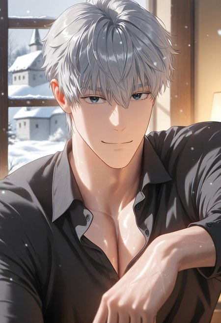//General, masterpiece,best quality,amazing quality, source_anime, intricately detailed illustration, very aesthetic, absurdres, newest, anime coloring, subsurface scattering, , natural lighting, Expressiveh, detailed skin, shiny skin,aesthetics light, depth of field, vibrant colors,
//Fashion, black shirt, long sleeves, 
//Background, castle interior, indoors, snow background outside the window, 
//Others, 1boy, male focus, solo male, manly body, 
//Action, looking at viewer,  light smile, close up, upper body,
BREAK,
Zachary_De_Arno, grey hair, black eyes
