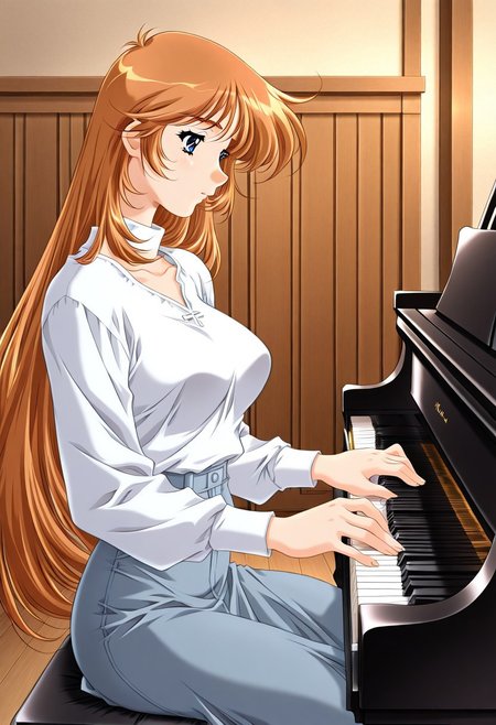 masterpiece, best quality, newest, highres, uncensored, 1girl, yokota mamoru style,1girl, slender face，motion lines,Kobayakawa_Mizuho, blue eyes, very long hair, orange hair, bangs, breasts,Brown Hair , Waist Length hair, Blue Eyes,1990s (style),
1girl, instrument, solo, piano, playing instrument, sitting, music, grand piano, long sleeves, long hair, blue eyes, indoors, profile