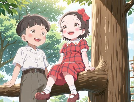 masterpiece,best quality,amazing quality,very aesthetic,absurdres,newest, huge filesize,
<lora:spo_sdxl_10ep_4k-data_lora_webui:0.5>,
<lora:add-detail-xl:1>
1girl,  1boy,in tree,climb trees,ladder,sitting on trunk,smile, against tree, 
<lora:Totto_chan_V1:0.8>,madogiwa,
short hair,  
female child,  brown hair,  red dress,
brown eyes, plaid,  
mary janes,  shoes,  
socks,  hair bow, 
 m_totto,
(male child:-1)
BREAK
1boy,
male child, shirt, 
blush, belt, open mouth, brown eyes, black hair, 
white shirt, 
table, short sleeves, 
, m_yasuaki,