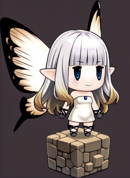 score_9, score_7_up, source_anime, solo, 1girl, smile, <lora:zs_PictlogicaStyleXL:1> ffpictlogicastyle, chibi, full body, faux figurine, <lora:AiryBD-pdxl:1> airyBD, long hair, blunt bangs, gradient hair, pointy ears, white dress, short dress, strapless, fairy wings, black gloves, fishnet gloves, fishnet thighhighs