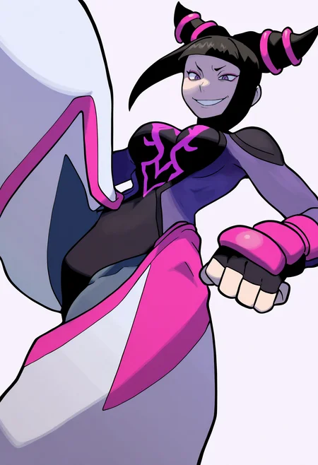 sugimori ken,
best quality, amazing quality, very aesthetic, absurdres,
han juri, street fighter, 1girl, black hair, purple eyes, solo, leotard, medium breasts, asymmetric, view from below, sadistic smile, simple background, <lora:KenSugimoriIllustriousLocon_byKonan:1>