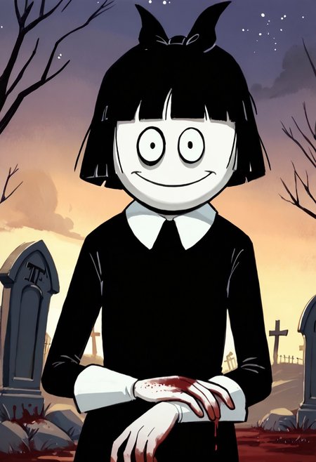 score_9, score_8_up, score_7_up BREAK CrepSus, 1girl, black hair, black bob cut, blunt bangs, black eyes, pale skin, black bow, white-collared long black dress, long white cuffs, staring at viewer, night graveyard background, nightly cemetery outdoors, blood drips, blood stains, blood-stained hands, smiling,