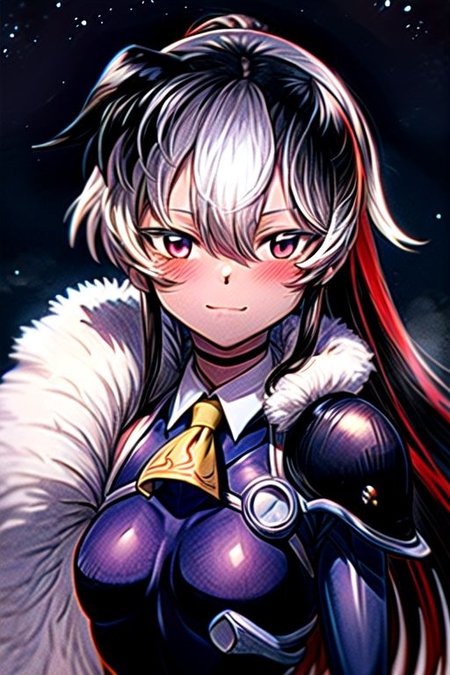best quality 1girl Setsun4 solo long hair,  (night time) forest background black hair very long hair purple eyes multicolored hair armor, small, (fur trim) (medium body),<lora:EMS-179-EMS:0.800000>,<lora:EMS-293862-EMS:0.800000> bow, hair_bow, hair_tubes, red_bow, brown_hair, long_hair, bangs, ascot, frilled_bow, yellow_ascot, blush, smile, hair_between_eyes, athletic, armor, miko, strengthmda,  Smiling, happy, dragoon helmet