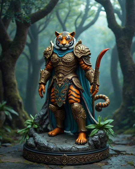 <lora:mrpcanrnet2.safetensors:1> mrpdamierThe Fantasy Warrior Statue is a masterpiece of intricate design, featuring a tiger warrior in elaborate armor with vibrant accents, standing heroically before a misty forest backdrop crafted from durable resin. This epic fantasy-inspired piece demands attention, transporting viewers to a realm of myth and legend. Perfect for enthusiasts of the genre, it's an exceptional display centerpiece, available on Amazon and Etsy.