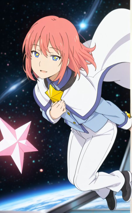 masterpiece, best quality, highres, newest, 1boy, solo, official style, anime screencap, <lora:IL_Minato:1>, hnpminato, pink hair, blue eyes, white cape, light blue jacket, star (symbol), white pants, black shoes, looking at viewer, expressionless, smile, space, floating, full body, hand on chest, open mouth