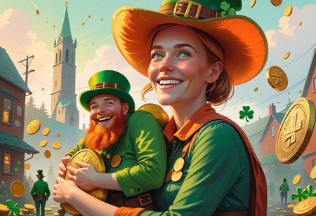 Front 3/4 view portrait IRELAND themed Picture illustration of a
hilariously happy woman happily hugging a
massive, translucent, multicolor, human-sized leprechaun-shaped thing.
Celtic symbols, golden coins, quarterfoils and St. Patrick's Day elements are scattered all around.
Many details everywhere. Ray-Tracing. Anti-Aliasing. Realistic reflections. Realistic soft shadows. Moody. Disturbing. Insane quality. Insane resolution. Insane details. Masterpiece. 
by Simon Stalenhag.