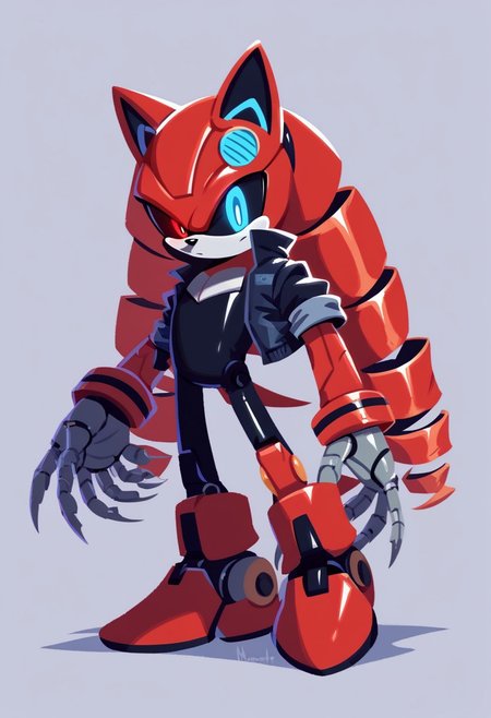 2D, score_9, score_8_up, score_7_up, BREAK, sonic channel (style), 1boy, solo, robot, mechanical parts, black sclera, heterochromia, red eyes, blue eyes, robot joints, metal claws, glowing eyes, armor, metal skin, shiny skin, red skin, black metal jacket, no mouth, no face, twindrill hair, cat, full body, facing viewer, metal sonic