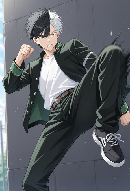 masterpiece,best quality,amazing quality, source_anime, 
sakuharuka, 1boy, male focus, solo, heterocromia, grey eyes, yellow eyes, split-color hair, black hair, white hair, school uniform, jacket, black jacket, open jacket, shirt, white shirt, belt, pants, black pants, shoes, sneakers, black footwear, outdoor, teeth, kicking,