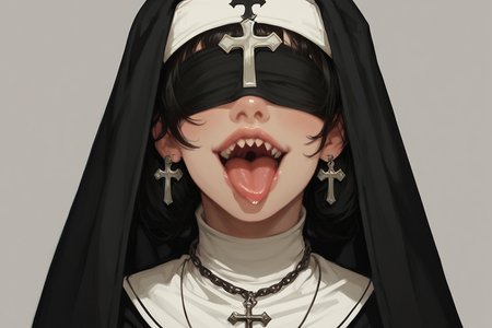 tongue, cross, teeth, solo, jewelry, necklace, tongue out, sharp teeth, cross necklace, 1girl, nun, inverted cross, open mouth, habit, simple background, facing viewer, grey background, smile, black hair, upper body, covered eyes, zPDXL3, detailxl,  Score_PnyReal, (lineless:1.5)