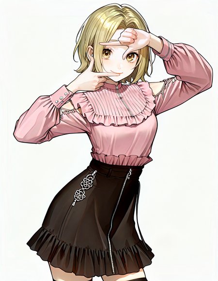 1girl, solo, <lora:yuki_horimiya_IL:0.85> ,yuki_horimiya, forehead, short hair, light brown hair, parted bangs, brown eyes, 
closed mouth, smile, cowboy shot, <lora:jirai kei_illustrious_V1.0:0.85>, jirai kei ,pink shirt,black skirt,thighhighs,  <lora:finger_frame_il_d16:1>, finger frame,
<lora:sakauchi_waka:0.7>, simple background, white background, 
(masterpiece, best quality, very awa, newest, very aesthetic, highres, absurdres:1.2),
<lora:spo_sdxl_10ep_4k-data_lora_webui:0.8>, <lora:illustrious_noobai_epsilon_pred_1_best_quality_v1:0.8> , <lora:add-detail-xl:0.35> ,
<lora:ponyv5_noobE11_1_adamW:0.5>,  handfixer,<lora:HandFixer_pdxl_Incrs_v1:1><lora:HandFixer_pdxl_Incrs_v1:1><lora:HandFixer_pdxl_Incrs_v1:1><lora:HandFixer_pdxl_Incrs_v1:1>