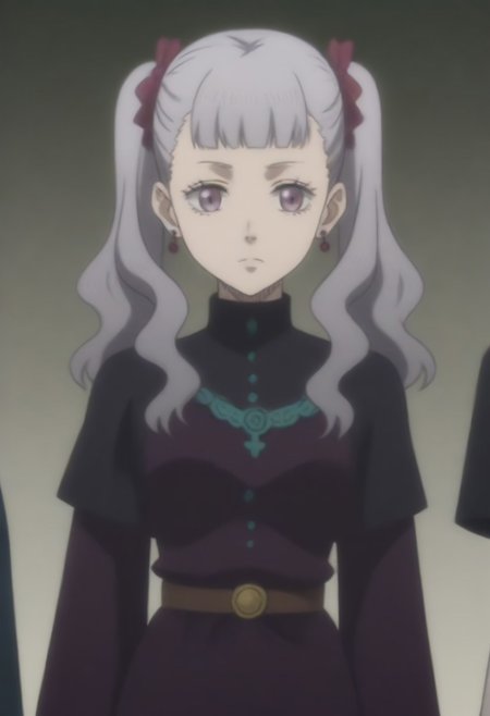 source_anime, anime screencap, source_anime, auratheguillotine, anime screencap, masterpiece, source_anime, shiny skin,,,,,,<lora:noellesilva-pdxl-nvwls-v1-000005:1> noelle silva, grey hair, purple eyes, twintails, hair ribbon, black capelet, green strap, white and purple dress, long sleeves, belt,