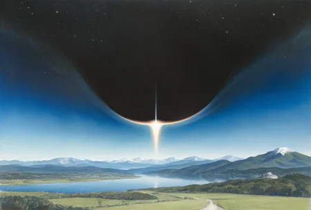 best quality, amazing quality, very aesthetic, absurdres, masterpiece, negative, inverted colors, 
(nihei tsutomu:0.8), realistic, traditional media,
no humans, landscape, lake, mountain,  mountainous horizon,
black hole, eerie, eldritch, cosmic, starry sky, 
<lora:norman_rockwell_illustrious_v0_1_v1:0.5> , norman rockwell,