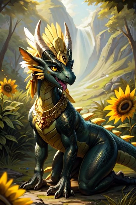 (award winning photography:0.6), (nature photography:0.6),
Tilt-shift, ((full shot)), 
dragon, (raptor:0.5) scalie, female, detailed black scales, detailed vivid scales, intricate iridescent scales, detailed face, detailed eyes, (big eyes:0.5), claws, fangs, (kobold:1.2), horns, ears, oily, glossy skin, green hands, (green chest), yellow eyes, horns, black skin, 
cute, young, (toned body:0.3), elegant, beautiful, bright eyes, expressive eyes, eyelashes, feminine, thick thighs, slim body, cute-fine-face,
round head, cute face, reflective eyes, 
open mouth, smile, shiny, sharp teeth, half closed eyes, 
(surrounded by sunflowers:0.9), (meadow:0.4), (jungle:0.5),
kneeling, looking to the side, saliva, drooling, high angle,
((big yellow feather headdress)), long yellow crest feathers, yellow feather ornaments,
iridescent gold, golden necklace, golden bracers, 
<lora:dragon:0.2>, 
<lora:Tangbohu Detail Tweaker:-0.1>,
<lora:nanachi:0.3>,
<lora:Velociraptor_Dino:0.2>,
<lora:GAME_Gerudo_riju_aiwaifu69:0.4>;
by ulitochka, by darkgem, by thesecretcave, by silverfox5213, by hioshiru, by carrot,
Volumetric lighting, Rim lighting,
noon, blue sky, waves, birds in the sky, cove, coast,
((on the beach, tropical sea, horizon, sunlight)),
(ambient light on the body), 
Ray tracing, concept art, highly detailed, ((masterpiece)), ((best quality))  cinematic composition, ultra realistic, (high detail:1.3), sharp focus