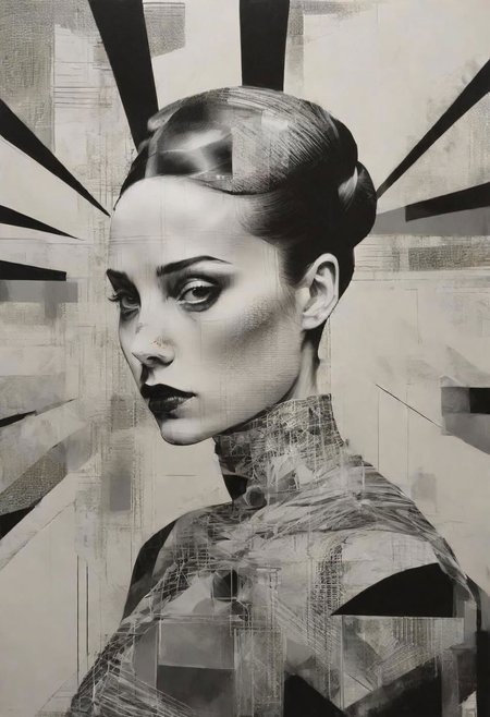 pop surrealism, rough crosshatch drawing pop art Lunatic_Portrait of a girl in latex, slick back, low bun, black makeup, avant-garde, abstract, weird, geometric, constructivism, suprematism, rayonism, verticism, tj