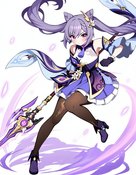 1girl, keqing \(genshin impact\), 
simple background, breasts, solo, weapon, medium breasts, pantyhose, polearm, very long hair, gloves, wide sleeves, bare shoulders, spear, blush, pantyhose under shorts, long hair, purple footwear, purple eyes, holding weapon, white background, black pantyhose, cone hair bun, high heels, holding polearm, boots, standing, shorts under dress, detached sleeves, v-shaped eyebrows, holding, standing on one leg, hair bun, twintails, full body, purple dress, closed mouth, black gloves, looking at viewer, dress,
masterpiece, best quality, very aesthetic, newest, absurdres, incredibly absurdres
 <lora:gummyrise:1>