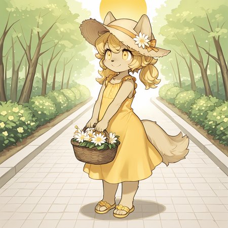 masterpiece, best quality, (absurdres), (highest quality), amazing quality, very aesthetic, no humans,
BREAK, <lora:Mei_Marzipan_Illustrious_V1:1>, mei marzipan, fuga: melodies of steel, kemono, furry female, 1girl, child, beige fur, blonde hair, yellow eyes, dog girl, animal ears, dog tail, dog ears, twintails, bangs,
BREAK, yellow sundress, big yellow sun hat, flower basket, yellow sandals,
BREAK, (solo), full body, summer, park, sunny, happy, smile, looking away