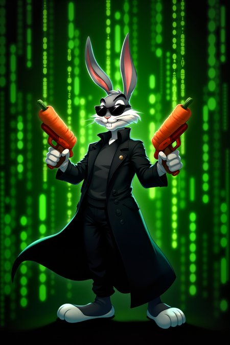 Bugs Bunny stands confidently in a world filled with a cascading wall of green Matrix code, but here, the code is replaced by tiny, glowing carrots. Heâs dressed in a sleek black trench coat, the fabric swaying as he moves, and wears the iconic black sunglasses that complete his Matrix look. In his hands, Bugs holds two large carrot guns, ready for action. The green carrot code flows endlessly behind him, creating a vibrant, digital landscape that contrasts with the orange of the carrot guns and the dark black of his outfit. The scene blends the humorous charm of Bugs Bunny with the iconic, futuristic atmosphere of The Matrix, creating a quirky and unforgettable visual. (high-resolution, dynamic, energetic, dramatic lighting, shallow depth of field.), detailmaximizer<lora:Videogame_Cartoon_Flux><lora:detailed_flux_ntc:2.2><lora:aidmaImageUpgrader-FLUX-V0.1:0.65>