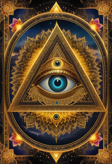 All-seeing eye, intricate mandala design, detailed patterns, black and gold colors,  mystical atmosphere, ornate frame, central composition, symbolic imagery, spiritual, photorealistic style, high detail, 8k resolution. 
perfection style, vivid colors, colorful, vivid background, holographic, building, sky, sciencefiction, ImaginaryCityScapes, midjourneyv6.1