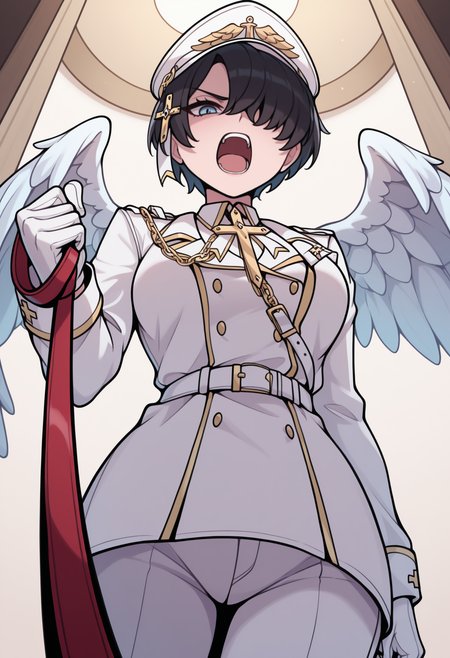 masterpiece, best quality, pov, from below, solo, 1girl, htagl, angel wings, feathered wings, shouting, looking at viewer, standing, holding leash, viewer on leash, short hair, black hair, hair over one eye, hair ornament, white headwear, peaked cap, blue eyes, military uniform, gold trim, white coat, open coat, long sleeves, white jacket, white belt, shoulder belt, white shirt, collared shirt, cross, gold chain, white gloves, white pants
<segment:yolo-Anzhc Face seg 640 v2 y8n.pt,0.4,0.5//cid=1>