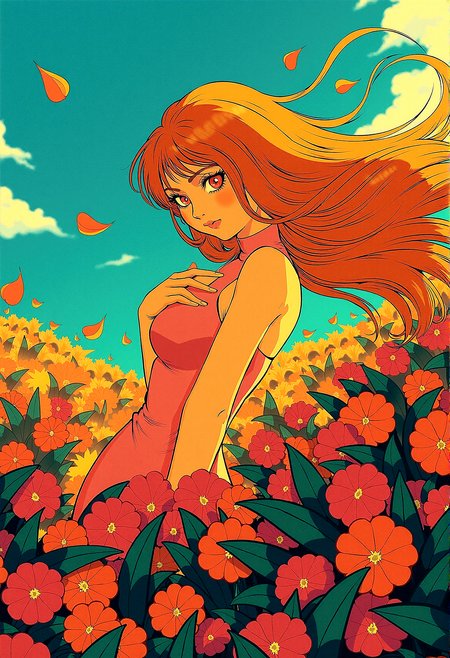 msdh, frosted animation,
anime style of a ginger woman on a hill covered in glowing flowers, with exotic vegetation swaying in the strong wind. Her long hair flows in the breeze, while petals and leaves are scattered around her. The noon sun bathes the scene in bright light, highlighting the intricate details and vibrant colors. The image captures extreme realism with a sharp, wide-angle view in high-resolution HDR, with no depth of field.

Light catching in the strands of the woman’s hair, making it appear more dynamic and alive. subtle color gradients across the scene, blending the colors of the sky, flowers, and vegetation more harmoniously.subtle reflections on any shiny surfaces, such as wet leaves or the woman’s eyes, to enhance the realism and detail.

She rests one hand on her chest, eyes closed, as if deeply moved by the beauty around her.
