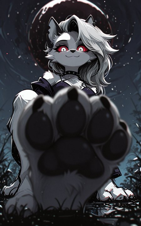 [sketch:no_lineart], solo, (blurry, depth_of_field:1.4), [abstract:0.50], loona_\(helluva_boss\), red sclera, (dynamic comparison:1.3), masterpiece, best quality, very aesthetic, looking_at_viewer, humanization, white fur, open_clothes, colored, breasts, light_smile, paws, barefoot, , ground level shot,Low-Angle Perspective, [minimalism:0.90], outline, [white eye::0.5], foot shot, BREAK (depth_of_field:1.3), photorealistic background,Ð· outdoors, nature, blurry, dark moon,[ reflection:0.8]