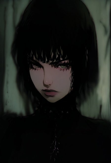 gthan, 1girl, solo, medium hair, wavy hair, black hair, jewelry, looking at viewer, necklace, cross, portrait, bangs, green eyes, closed mouth, turtleneck, blurry background, cross necklace, lips, piercing, blurry, bob cut, eyelashes